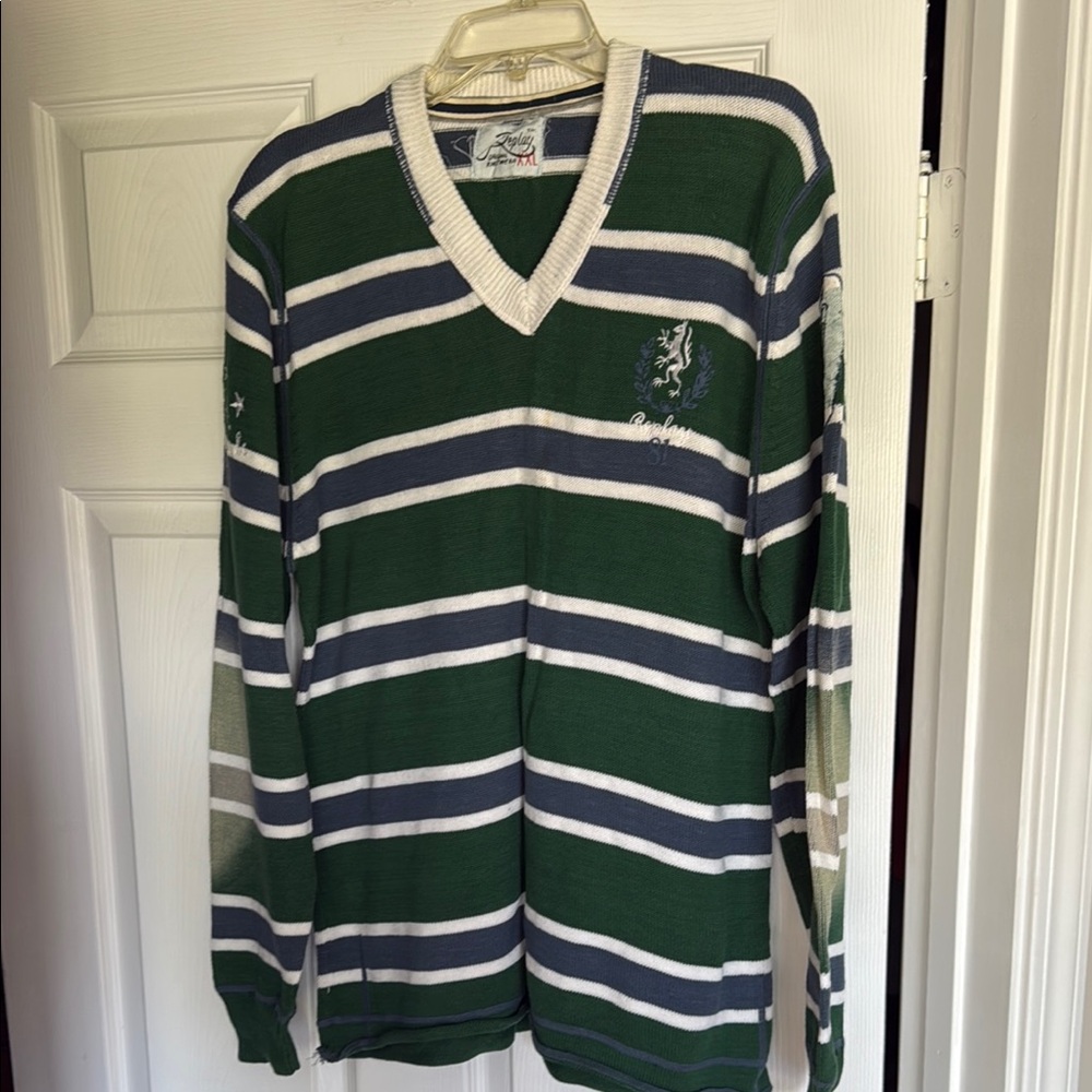 Replay Green and White V-Neck Sweater